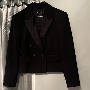 Madewell Black Double-Breasted Satin Lapel Cropped Blazer